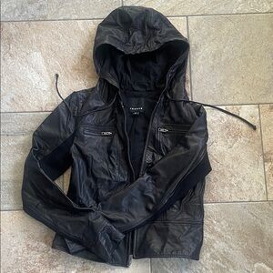 Trouve Black Hooded Leather Moto Jacket